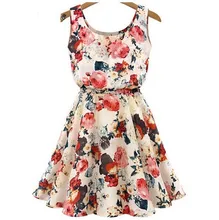 Fashion Women New Sleeveless Round Neck Florals Print Pleated Dress Summer Clothing Fashion Women New Sleeveless Round Neck Florals Print Pleated Dress Summer Clothing