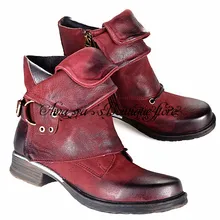 Женские ботильоны из натуральной кожи бордового цвета; ботинки в байкерском стиле в стиле панк; Bottes; короткие ботинки с пряжкой; botas; рыцарские ботинки в стиле милитари