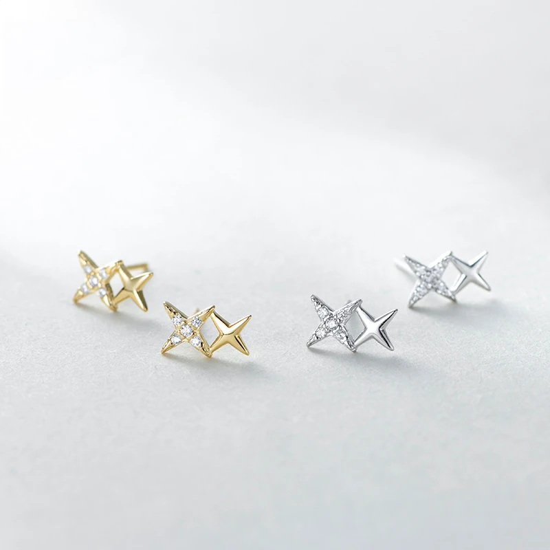 

925 Sterling Silver Four-pointed Star Stud Earrings For Women Korean Zirconia Sweet Meteor Accessories Gold Color Female Jewelry