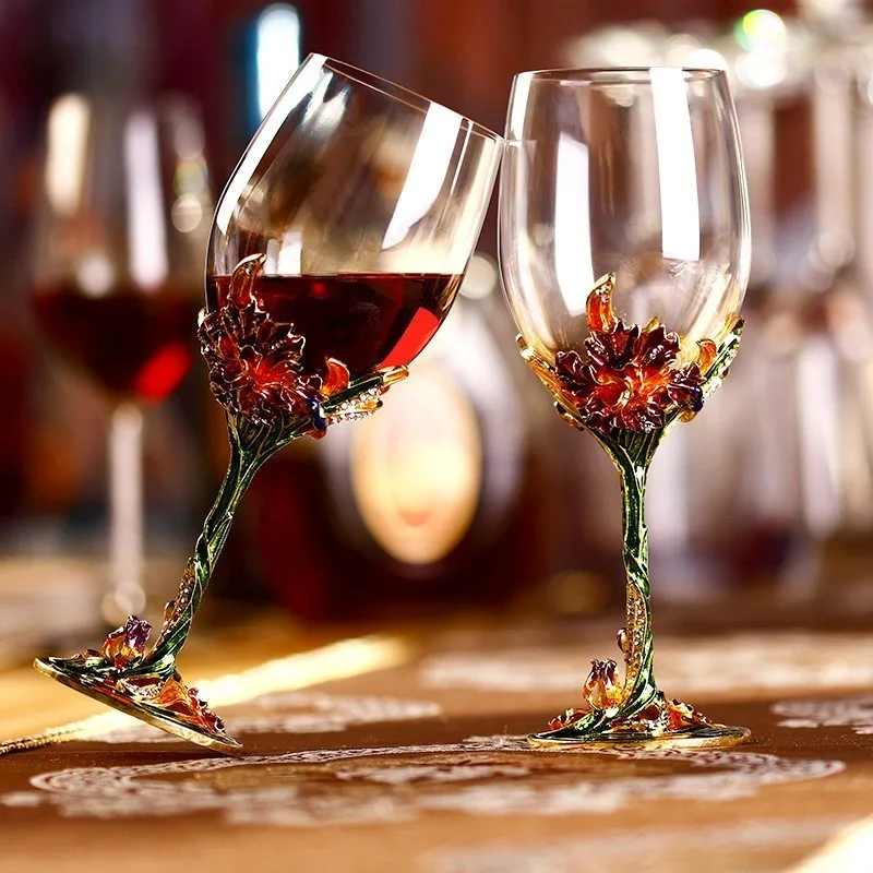

Vintage Irises Hand Painted Enamel Glass Cup Crystal Goblet Red Wine Glass Wedding Toasting Champagne Glasses Decor Luxury Gifts