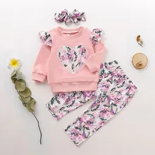 Топы с длинными рукавами и оборками с принтом «любовь» для маленьких девочек+ штаны с цветочным рисунком, комплекты осенней модной одежды для новорожденных