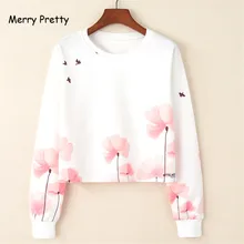 Merry Pretty Harajuku белая женская толстовка с цветочным принтом с птицами, укороченный топ, Повседневный пуловер с длинным рукавом и круглым вырезом, sudaderas mujer