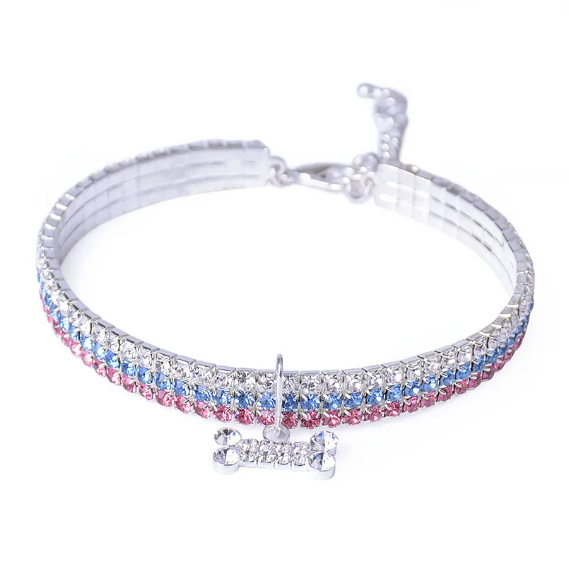 

Bling Crystal Dog Collar Leash Shiny Full Rhinestone Soft Material Adjustable Small Dogs Cat Pets Collars With Bone Pet Supplies