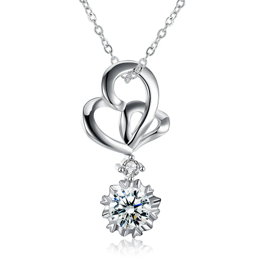 

925 Sterling Silver Necklaces & Pendantsr heart link round stone For Women Fashion Lady Cubic Zirconia Jewelry Accessories