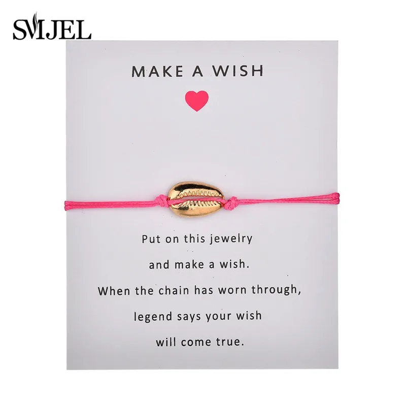 

SMJEL Shell Jewelry Leather Bracelets Wish Card Handmade Gift Simple Red Rope Chain Woven Bracelet Beads Jewelry Accessories