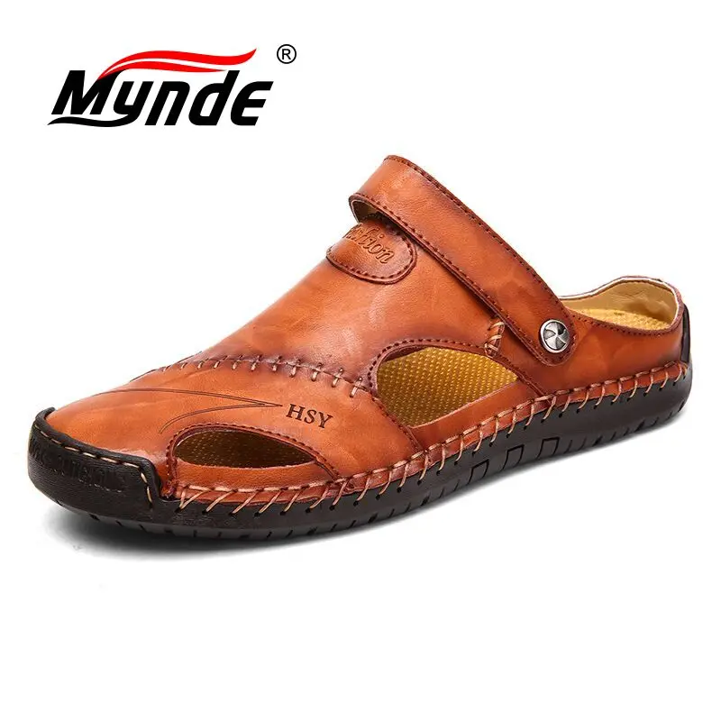 Mynde 2019 New Summer Band Men Sandals Leather Beach Sandals Outdoor Breathable Roman Men's Slippers Water Shoes Big Size 39-48