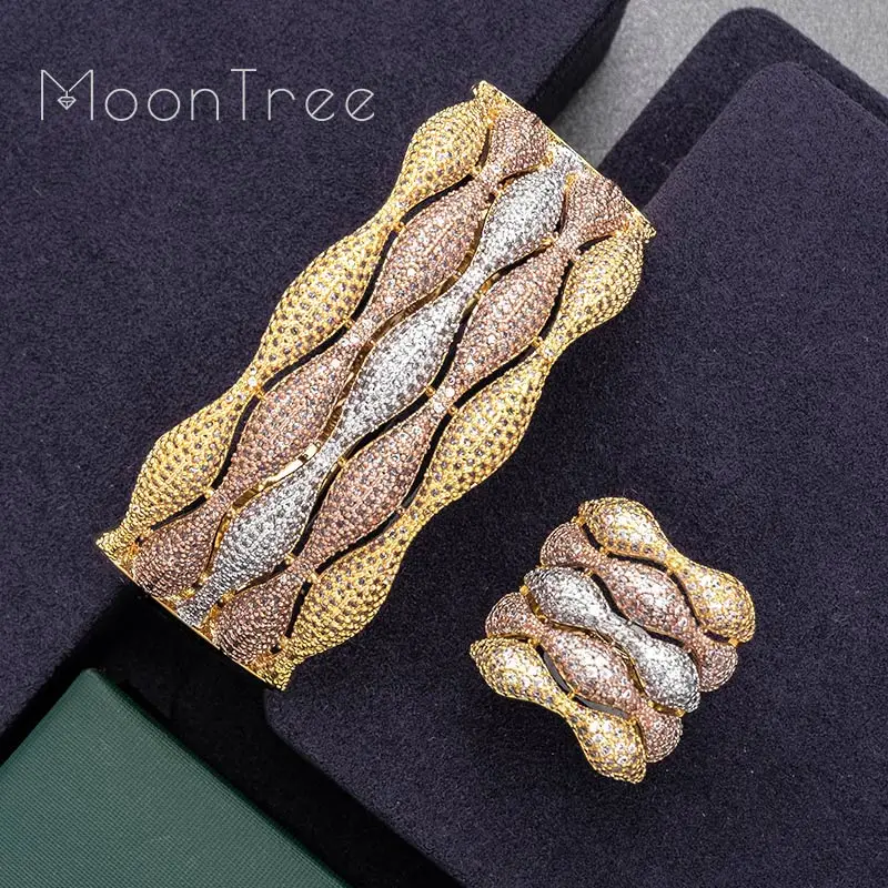 

MoonTree Luxury Wave Geometric Full Mirco Cubic Zirconia Dubai Naija Wedding Party Bangle Ring Fashion Jewelry Sets
