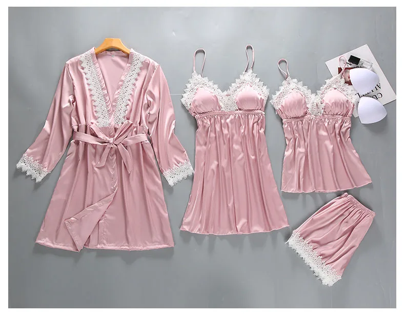 Queenral 4PCS Pajamas Set Satin Sleepwear Female With Chest Pads Long Sleeve Summer Home Clothing Pijama Nightwear Robe Pyjamas6