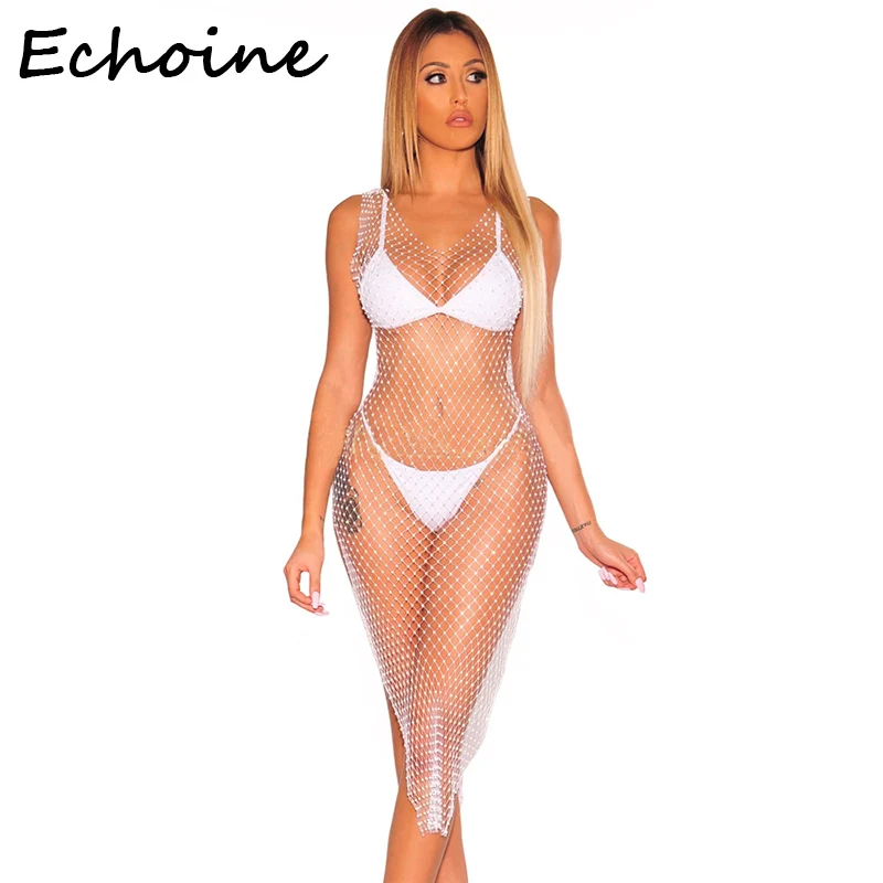 

Echoine Sexy Grid Drill Decor Deep V-neck Dress See Through Clubwear Women Summer Beach Dress 2019 Vestidos