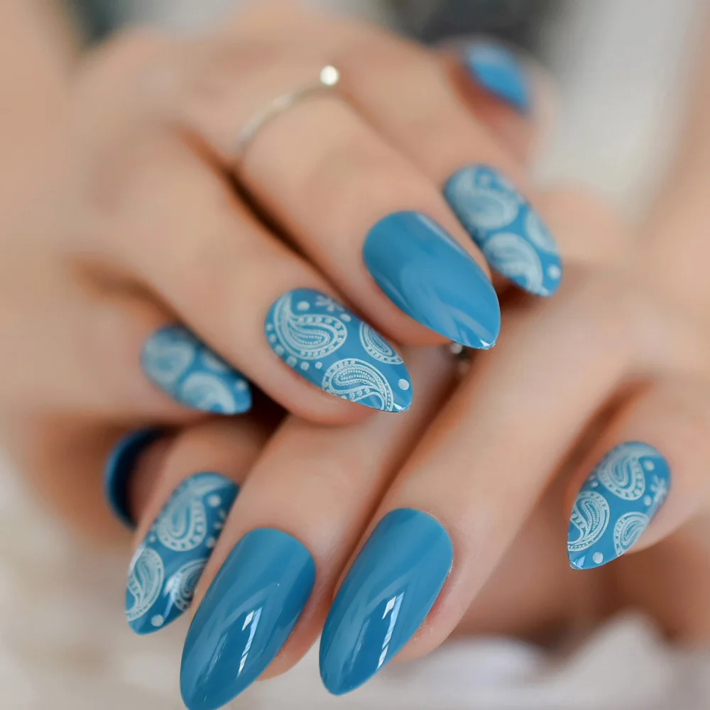

Stiletto Nail Art Tips White Coral Sea World Gel Sharp Fake Nails Designed Press On 24