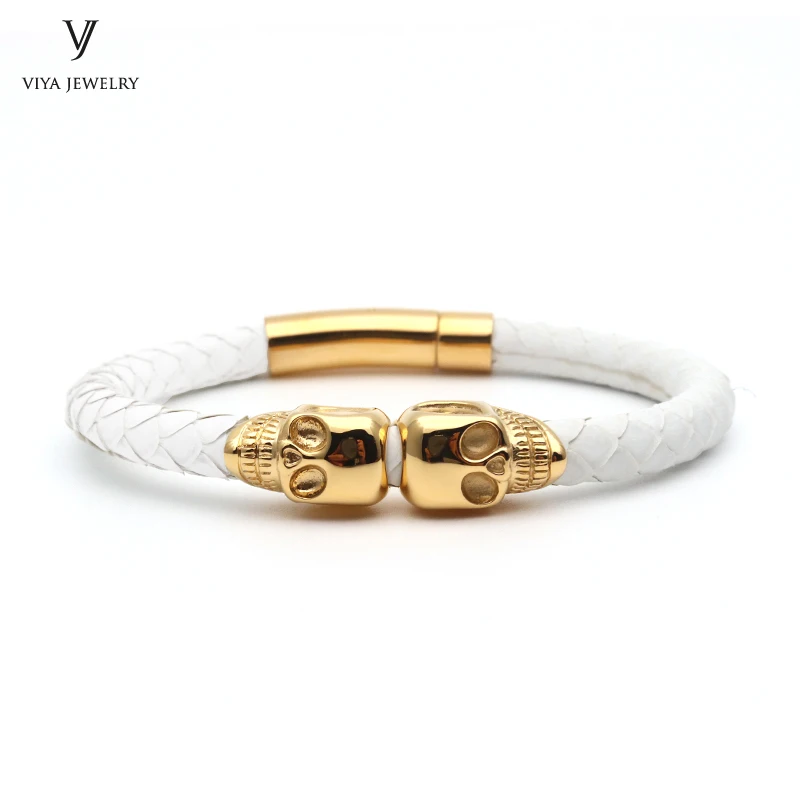 

High Quality Stainless Steel Double Skulls Python Bracelet Genuine Python Leather Bracelet Dubai Man Twins Skull Bangle