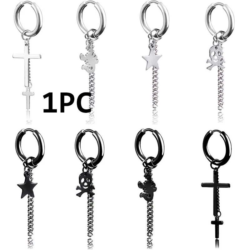 1PC Black/White  Cross Titanium Steel Punk Men Earrings Four Pendant Patterns For Choose Simple Male Ear Buckle