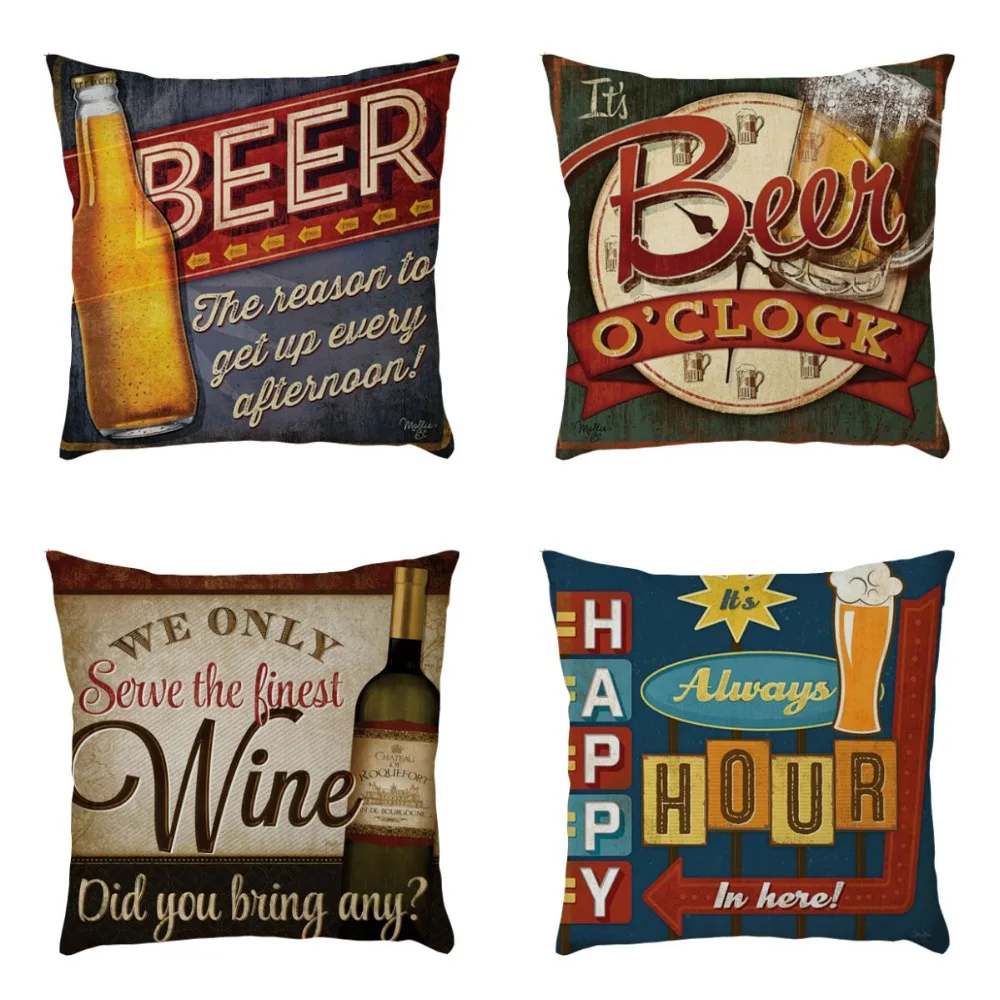 4PCS Home Beer Letter Pillow Cases Cotton Linen Velvet Soft Square
