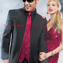 Красивый черный смокинг для жениха Черный нет кнопки Воротник Groomsmen best мужчина костюм Свадебный Бизнес костюмы(куртка+ брюки+ жилет+ галстук