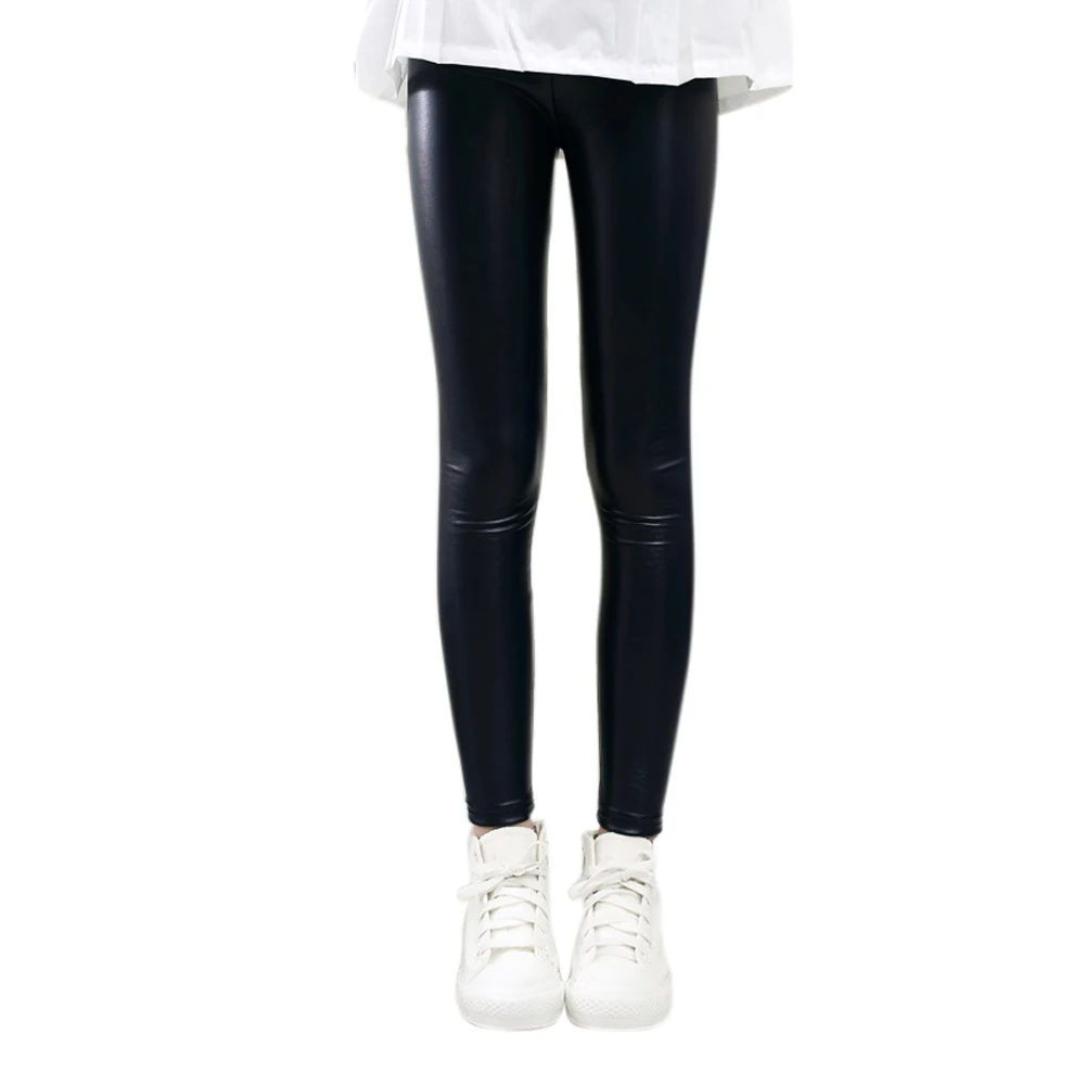 Осенне-зимние леггинсы для маленьких девочек теплые штаны тонкие эластичные кожаные брюки для подростков AN88 - Цвет: Черный