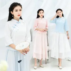 Blusas mujer de moda 2019 для женщин Традиционный китайский стиль дизайнер воротник стойка три четверти рукав белый синий розовый блузка рубашка