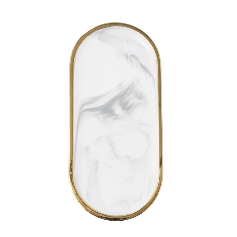 Gold Inlay Marble Dinner Plate Jewelry Tray Dessert Dish Desktop Wedding Decoration Oval Ellipse Fruit Tray Decorative Plate