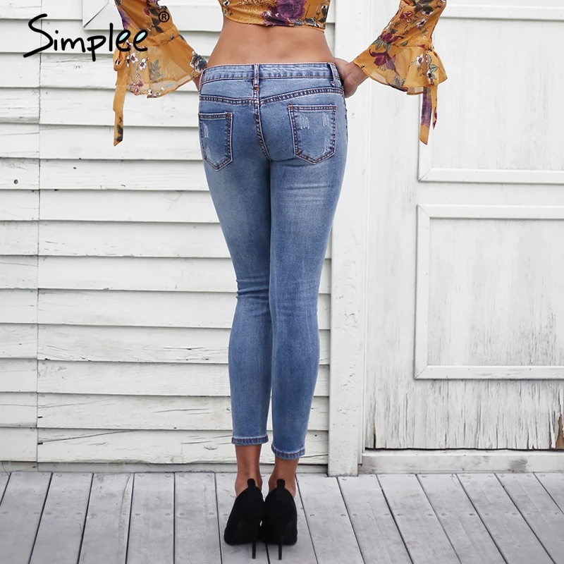 Simplee Streetwear pearl hole jeans female Casual pocket skinny pencil jean pants Destroyed ripped denim jean women trousers