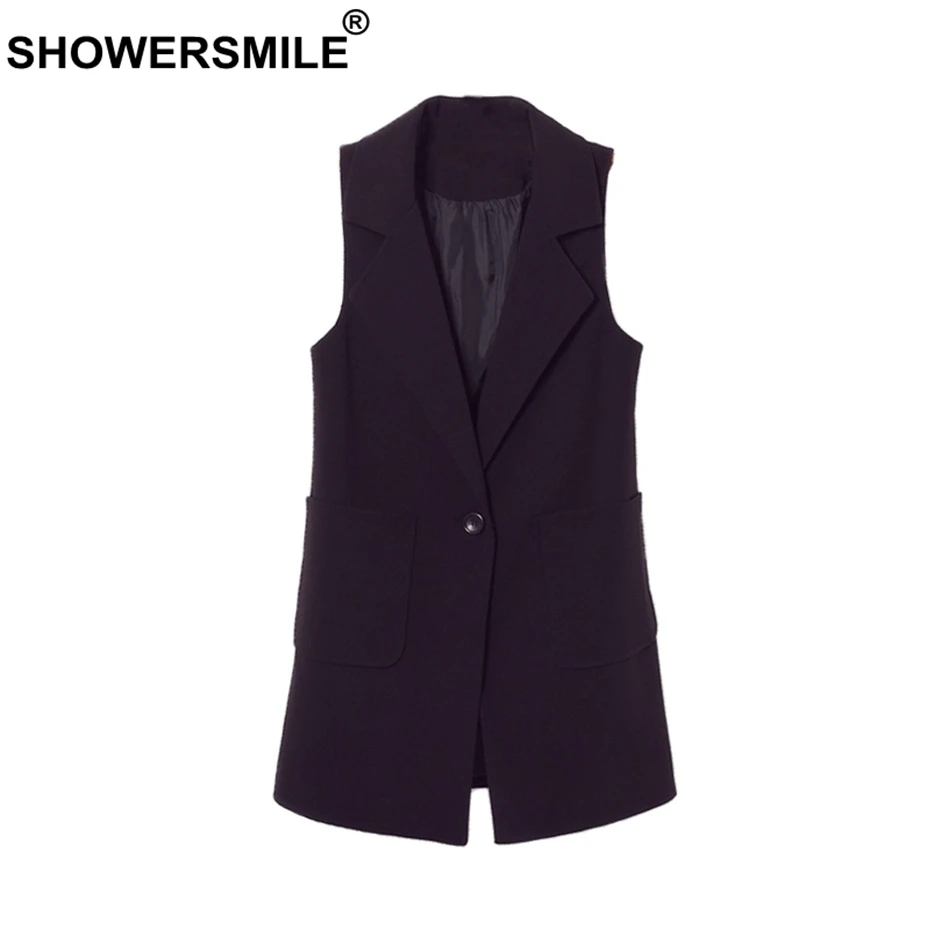 SHOWERSMILE Black Long Waistcoat Women Spring Office Uniform Vest Regular Fit Gilet with Pockets Formal Sleeveless Jacket