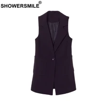 SHOWERSMILE Black Long Waistcoat Women Spring Office Uniform Vest Regular Fit Gilet with Pockets Formal Sleeveless Jacket