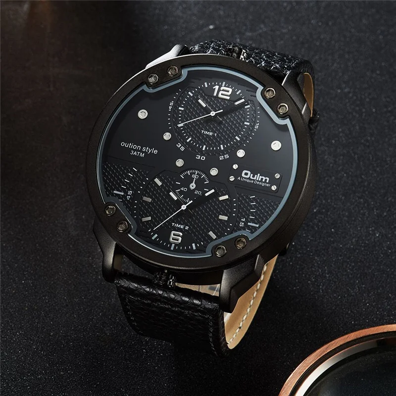 Oulm HP3548M Two Time Zone Big Men's Watches Luxury Brand Large Dial Casual Leather Strap Wristwatch Man Sport Watch