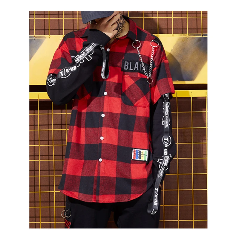 Red And Black Plaid Patchwork Shirt Men  (2)