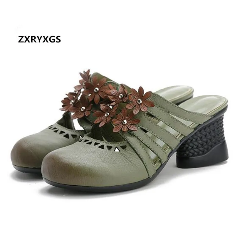 

2019 Newest Handmade Flower Summer Elegant Fashion Slippers Women Leather Sandals High Heel Sandals Shoes Woman Black Green Gray