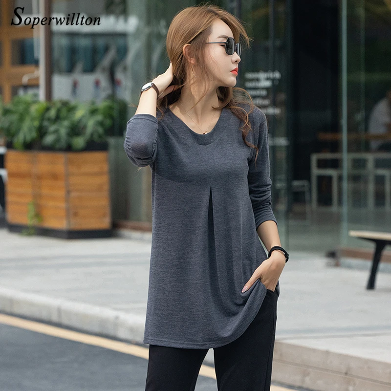 

Spring Autumn Full Sleeve Tunic Women's Blouse Long Tops Soft Cotton Gray Blue Lady Shirt Slim Female Blouses 2019 New Arrived