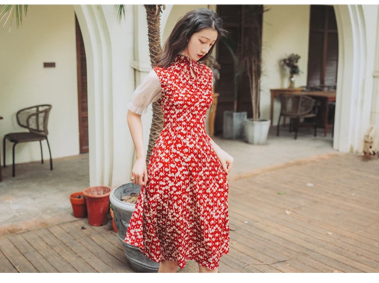 Trytree Summer Women Dress Casual Elegant Mandarin Collar Lantern Sleeve Ruffles Print Dresses Mid-Calf A-line Cheongsam Dress