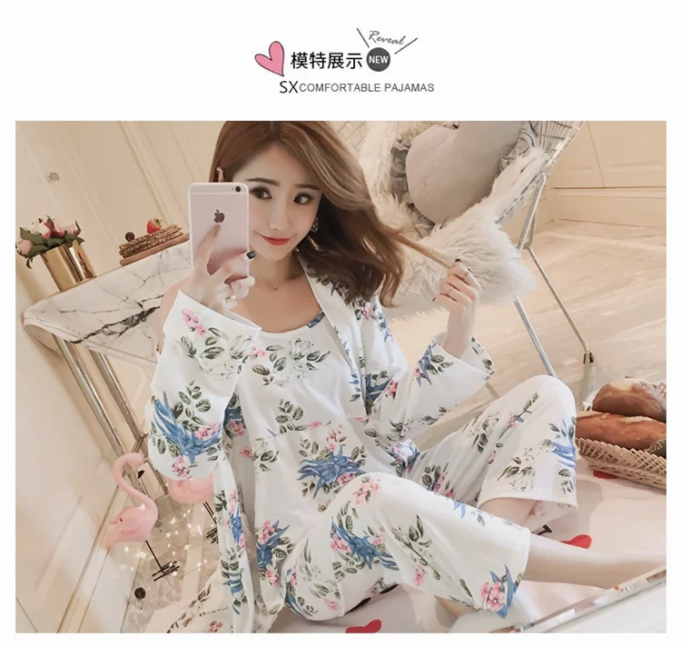 cute pajamas for women 2021 Autumn 3PCS Sexy Long Sleeve Robes Pajama Sets for Women Print Sleepwear Homewear Pijama Mujer Home Clothes Three Piece Set cute pjs