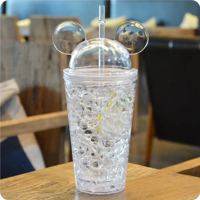 

Creative Summer Ice Water Bottle 450ml Double Layer Plastic Cool Student Straw Drink Ice Kettle D4