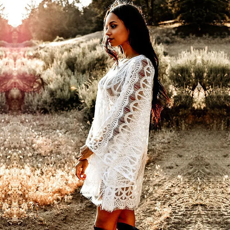 

Lace Hollow Bikini cover up Swimwear women 2019 Pareo Beach wear dress Wide sleeves Robe de plage Vestido playa Strand jurkjes