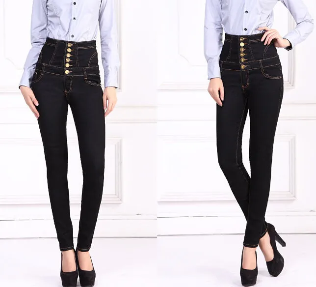 Бренд женщин джинсы Высокая талия однобортный джинсовые брюки карандаш джинсы брюки