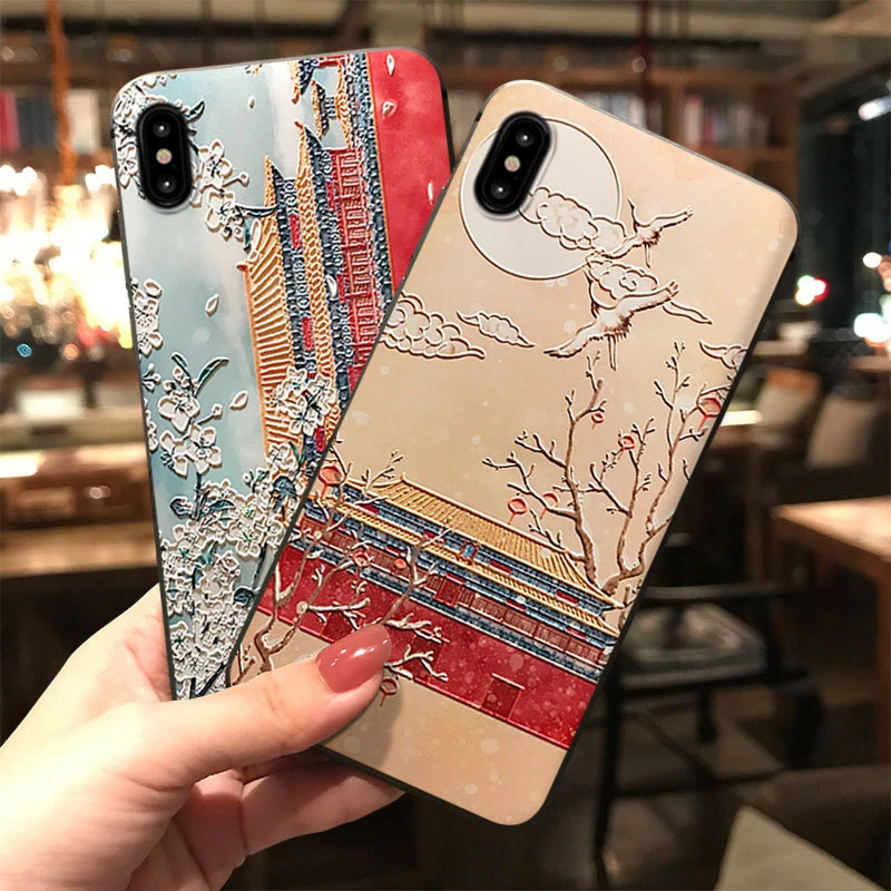 

Chinese Style Forbidden City Phone Case for iPhone XS MAX XR Embossed Back Cover for iPhone X 8 7 6 Plus Capa for OPPO R15 R17