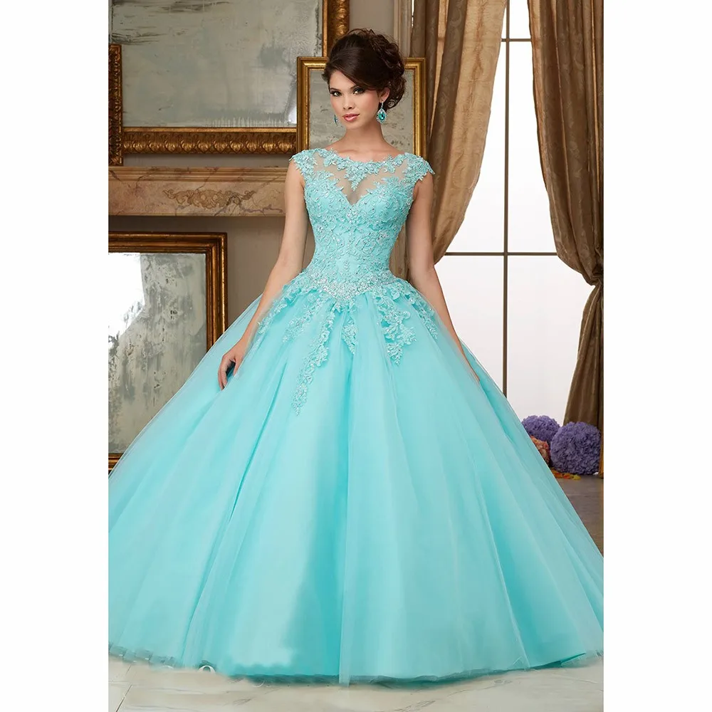 Бирюзовые пышные 2019 дешевые платья Quinceanera бальное платье с рукавами крылышками