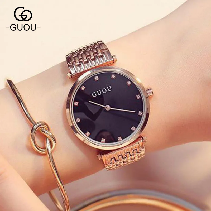 

GUOU Luxury Bling Rose Gold Crystal Bracelet Quartz Wristwatches Wrist Watch for Women Ladies NO FADE 3 Year Warranty GU003