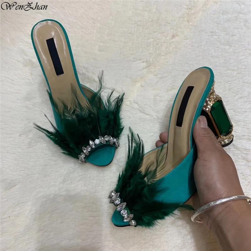 

New feather Buckle Open Toe Wedding Sandals Women Fashion Summer Luxury Slip On Green High Heel Shoes Plus Size