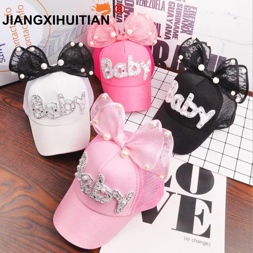 

2018 Children Hip Hop Mesh Baseball Cap Summer Baby rabbit ear pearl bow kids Sun Hat Boys Girls snapback Caps for 2-8 years old