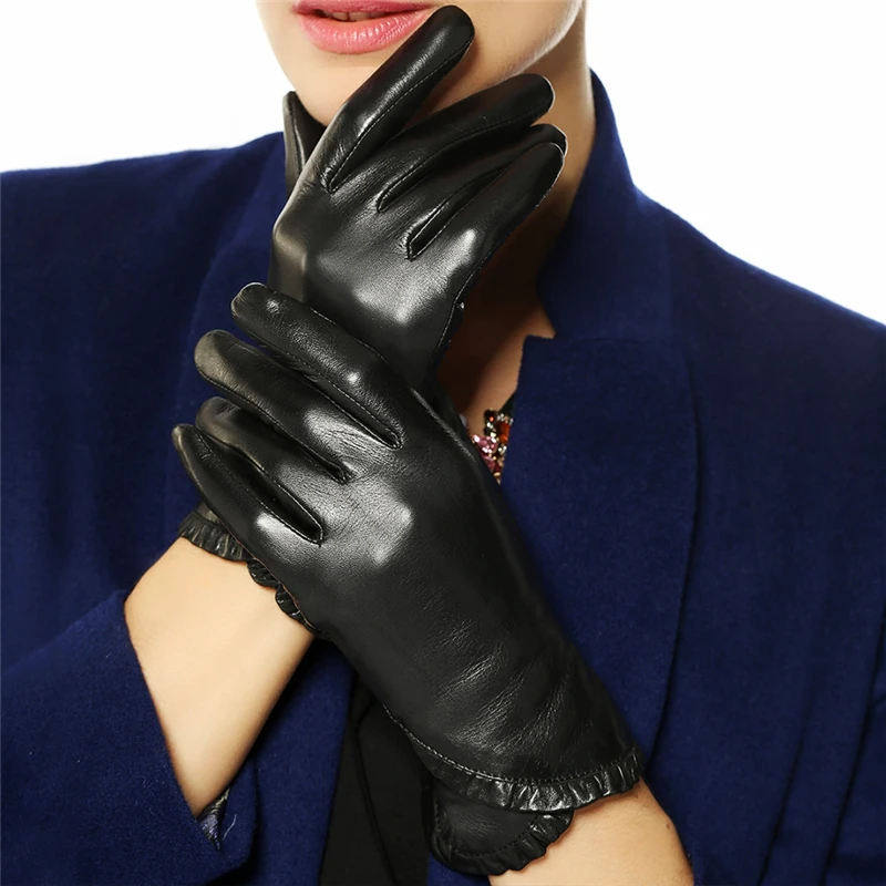 Winter Women's Genuine Leather Gloves Female 2019 New Brand Fashion Trend Warm Velvet Black Gloves Goatskin Mittens L001NC