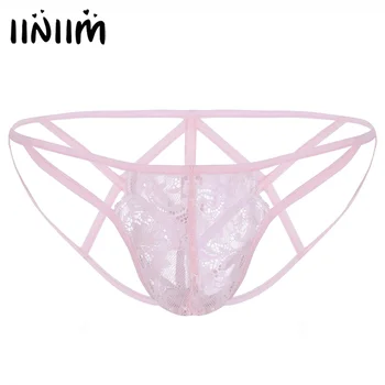 

iiniim Sexy Panties for Mens Floral Lace Bulge Pouch Open Jockstrap Sissy Wetlook Bikini String Homme Male Lingerie Underwear