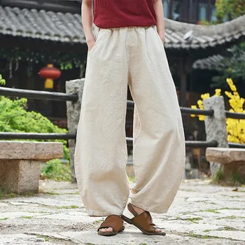 

2019 Spring Summer Casual Cotton Linen Trouser Elastic Waist Women Pants Solid Color Chinese Style Harem Pants