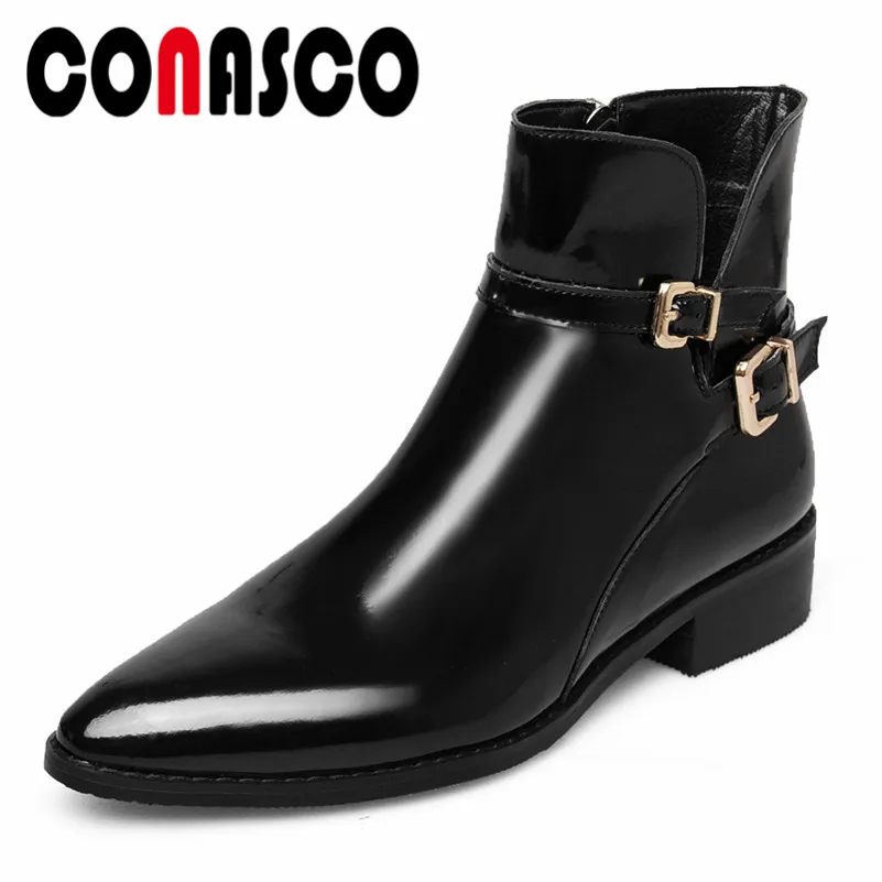 

CONASCO Fashion New Motorcycle Boots Round Toe Genuine Leather Buckles Autumn Winter High Heels Martin Shoes Woman Basic Boots