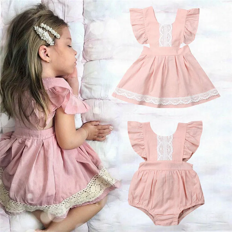 

PUDCOCO Infant Kid Baby Girl Sister Dress Matching Ruffle Lace Cotton Bodysuit Summer Kids Outfit 0-4T