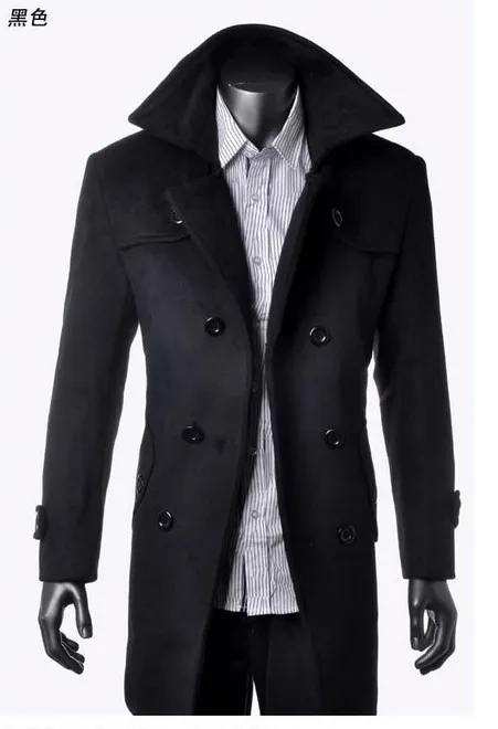 Зимнее корейское модное двубортное классическое кашемировое тонкое мужское длинное шерстяное пальто утепленная куртка на пуговицах пальто - Цвет: Черный
