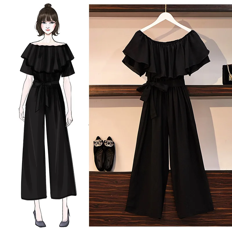 

ICHOIX Ruffles Summer Jumpsuits with belt elegant off shoulder jumpsuits Long overalls romper women Black jumpsuits plus size