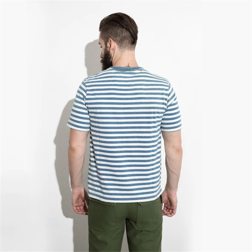 Summer round neck men's short-sleeved striped t-shirt retro college wind navy sailor blue and white striped loose casual top Summer round neck men's short-sleeved striped t-shirt retro college wind navy sailor blue and white striped loose casual top