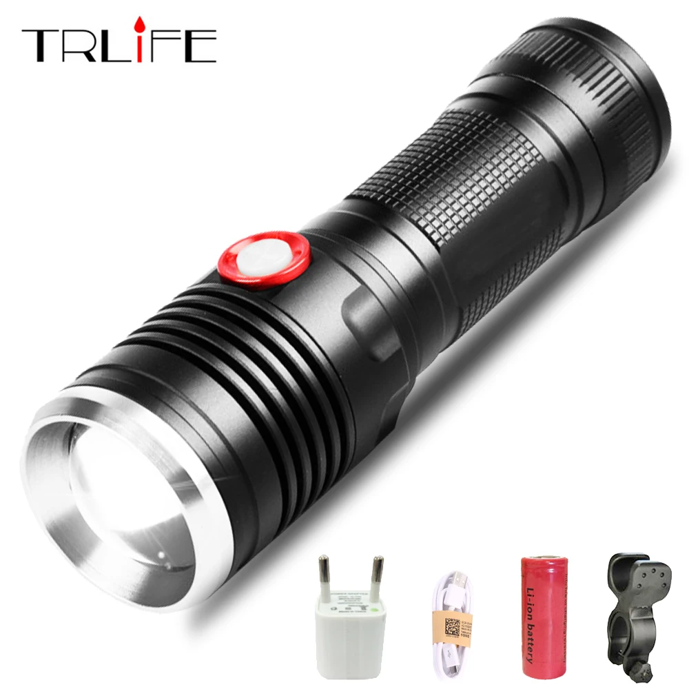

USB LED Tactical Flashlight T6/L2 Flashlight 8000LM 26650 Torch Power Reminder Flash Light Camping with USB Cable