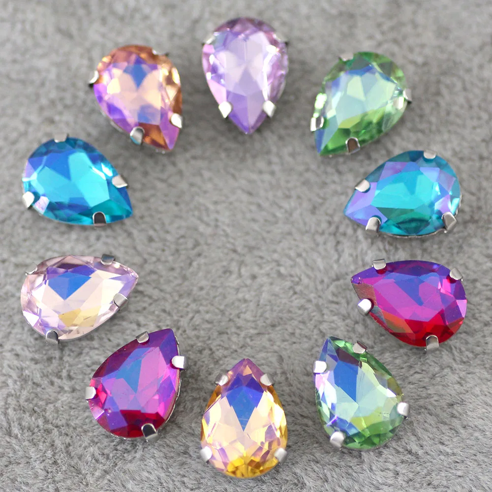 

50pcs 10*14mm Colorful AB Waterdrop Sew On Rhinestone With Claw Setting Silver Back Fancy Stone With Metal Claw With Holes
