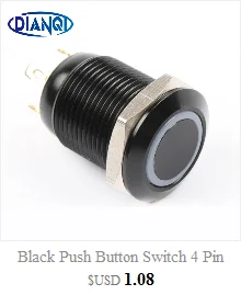 Черный кнопочный переключатель 4 штифта 12 мм водонепроницаемый Светодиодный светильник с подсветкой металлические плоские мгновенные переключатели с блоком питания 3 в 6 в 12 В 24 В