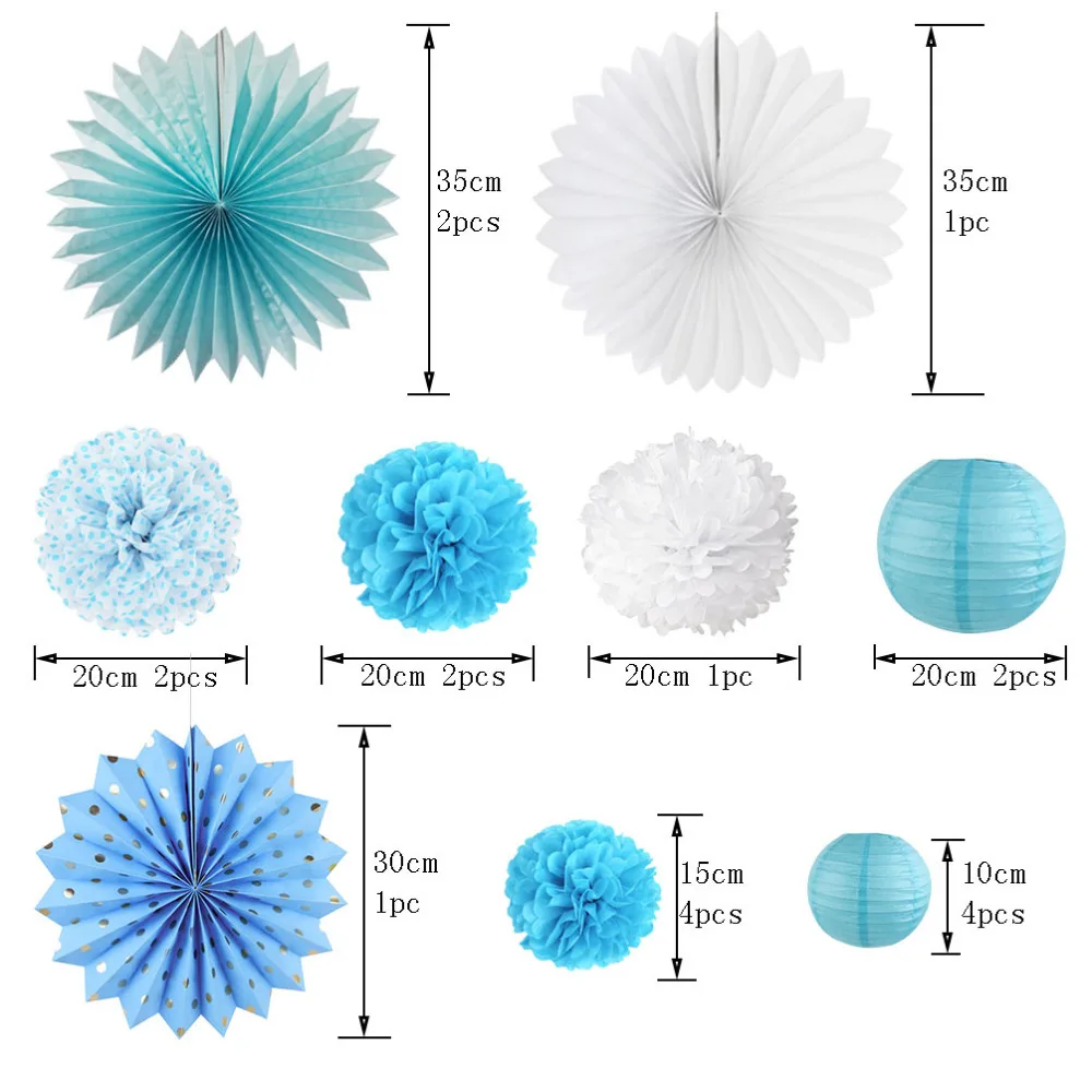 20 шт синий комплект украшений для вечеринки бумажные фонарики/бумажные веера розетка/помпоны в виде цветов/гирлянда со звездой для детского дня рождения